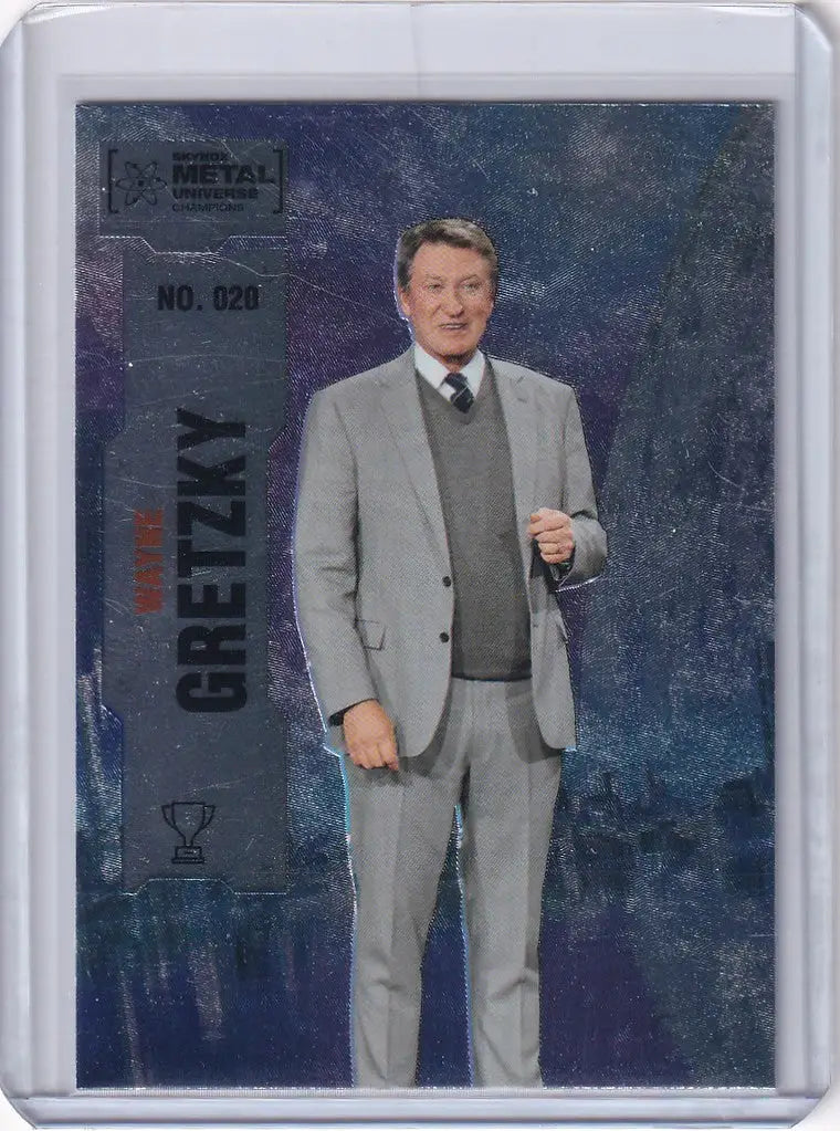 Trading card of Wayne Gretzky in a gray suit from Skybox Metal collection