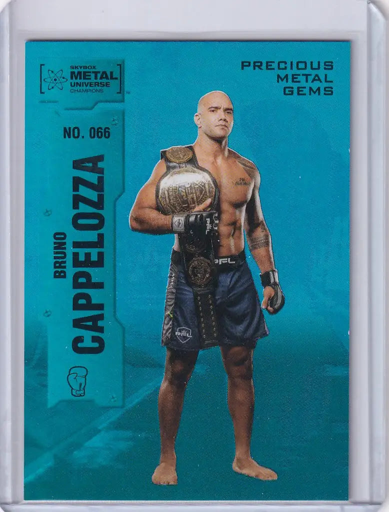 Bald shirtless male boxer with championship belt on 2022 Skybox Metal Precious Metal Gems card