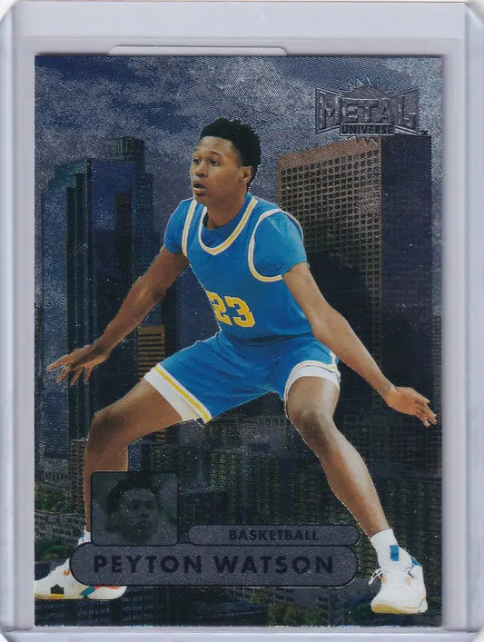 Basketball trading card of Peyton Watson in blue and yellow uniform, Skybox Metal Universe Champions