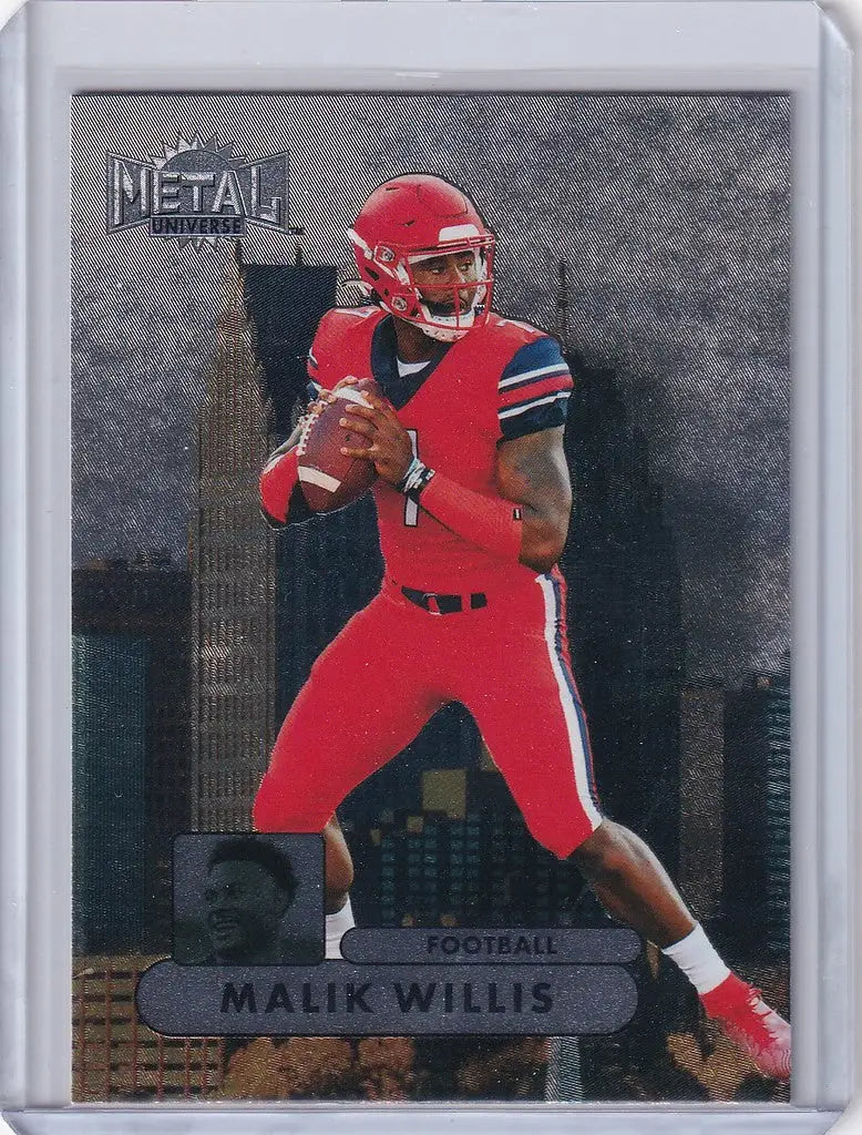 Football trading card of Malik Willis in red uniform from Skybox Metal Universe Champions