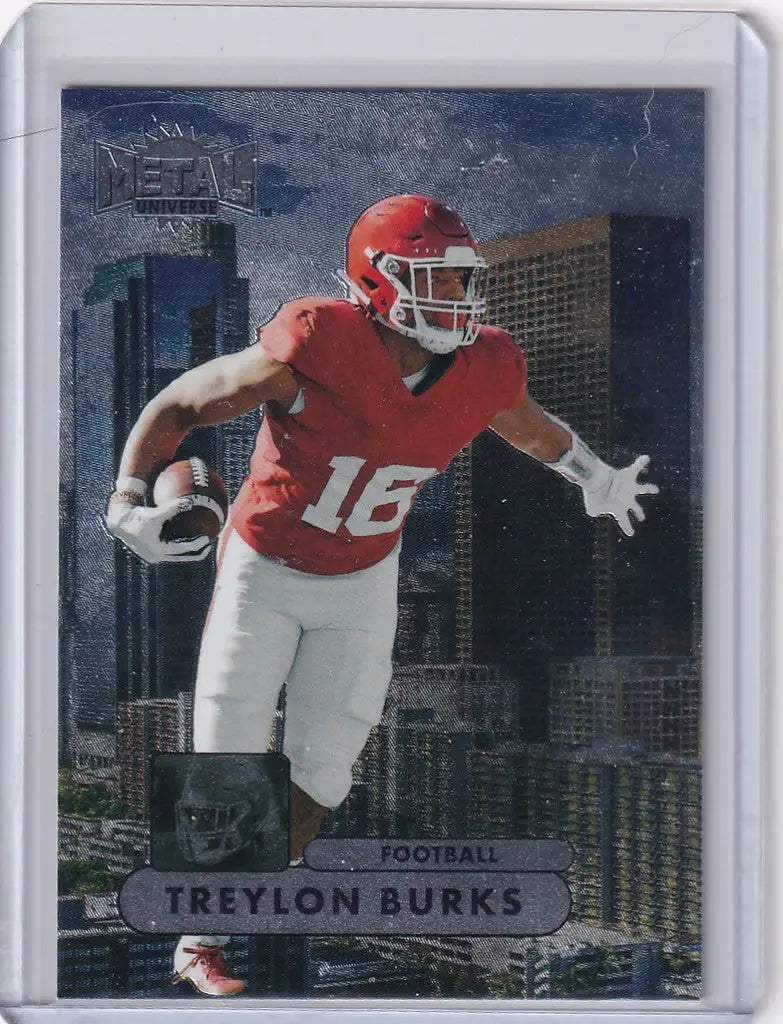 Football player card of Treylon Burks in red jersey, featured in Skybox Metal Universe