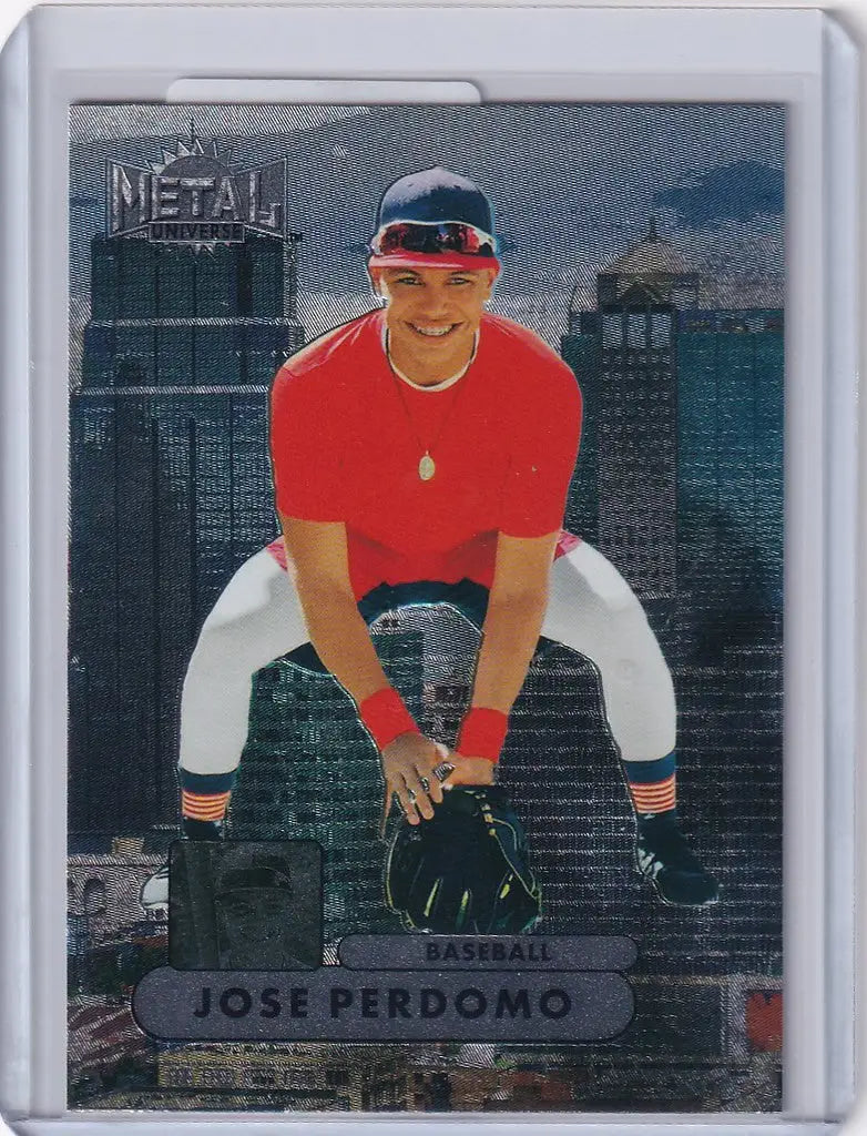 Baseball trading card of Jose Perdomo in red shirt, part of Skybox Metal Universe Champions