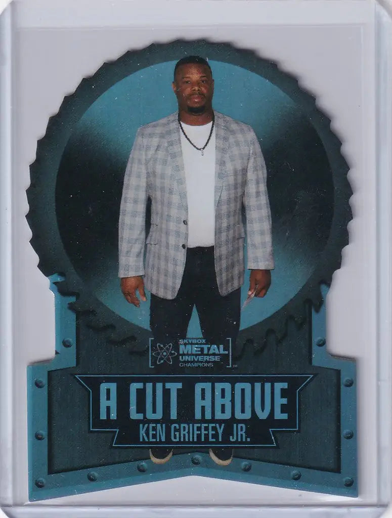 Baseball trading card of Ken Griffey Jr. in plaid jacket from Skybox Metal Universe
