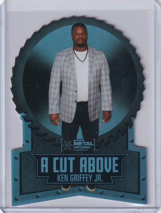 Baseball trading card of Ken Griffey Jr. in plaid jacket from Skybox Metal Universe