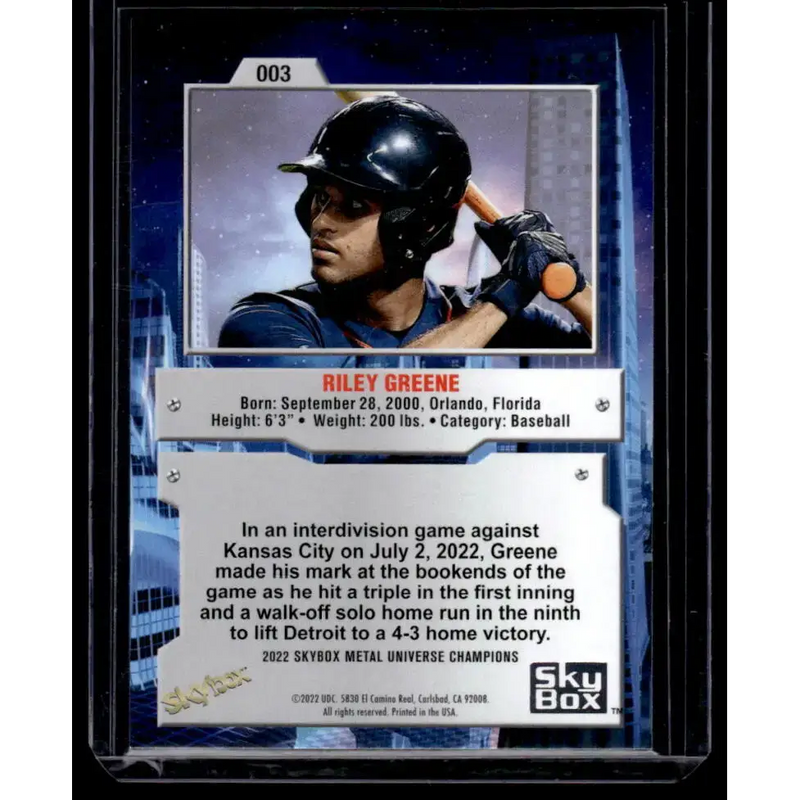 2022 Skybox Metal Universe Champions Aqua #3 Riley Greene NM-MT Baseball Card - Baseball Card Single