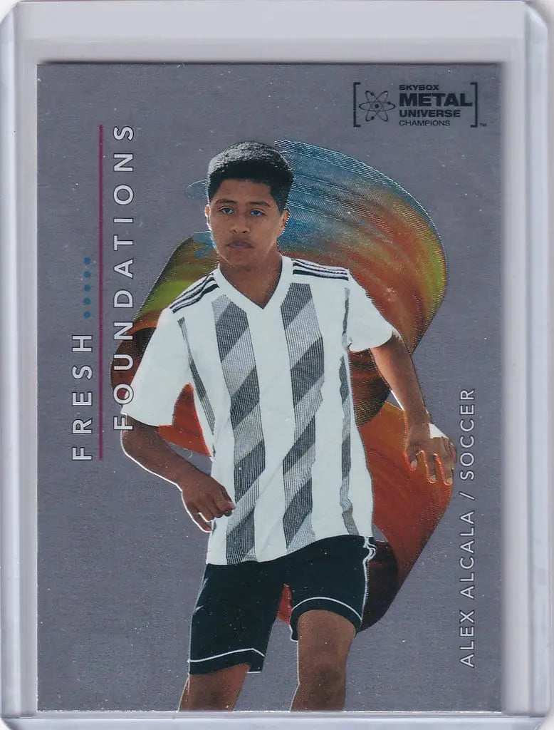 Soccer trading card of Alex Alcala in black and white jersey for Skybox Metal Universe