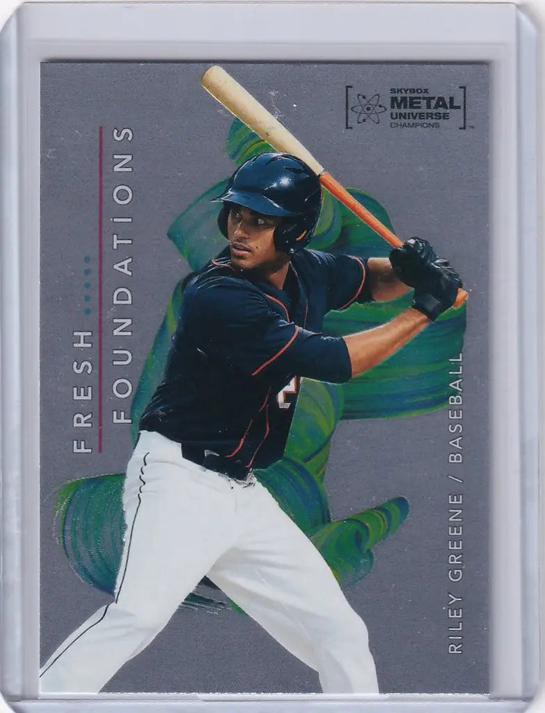 Baseball trading card of Riley Greene from Skybox Metal Universe Champions Fresh Foundation