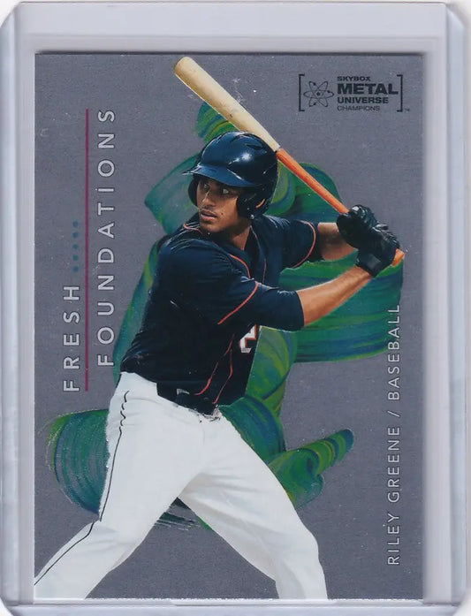 Baseball trading card of Riley Greene from Skybox Metal Universe Champions Fresh Foundation