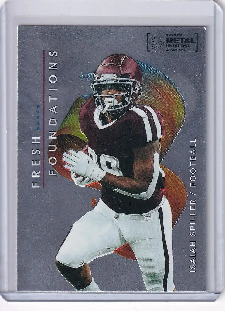 Football trading card of Isaiah Spiller in black and white uniform for Skybox Metal Universe