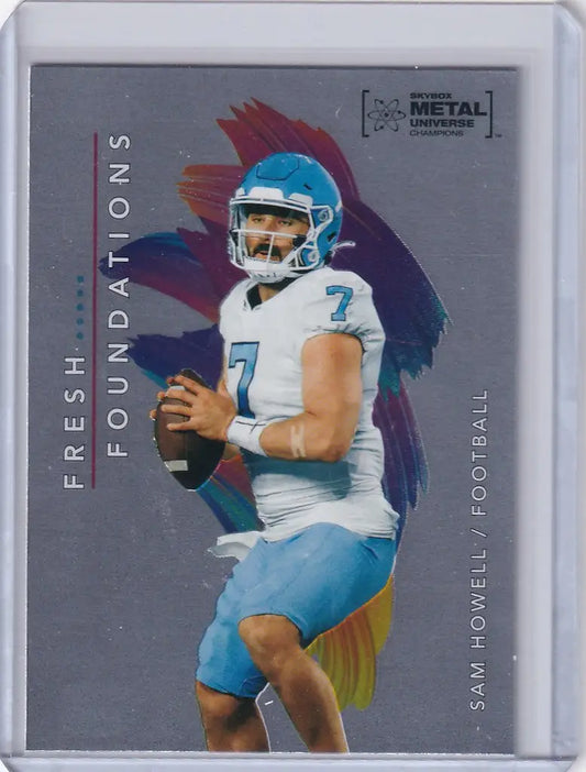 Football trading card of Sam Howell in light blue uniform, Skybox Metal Universe Champions