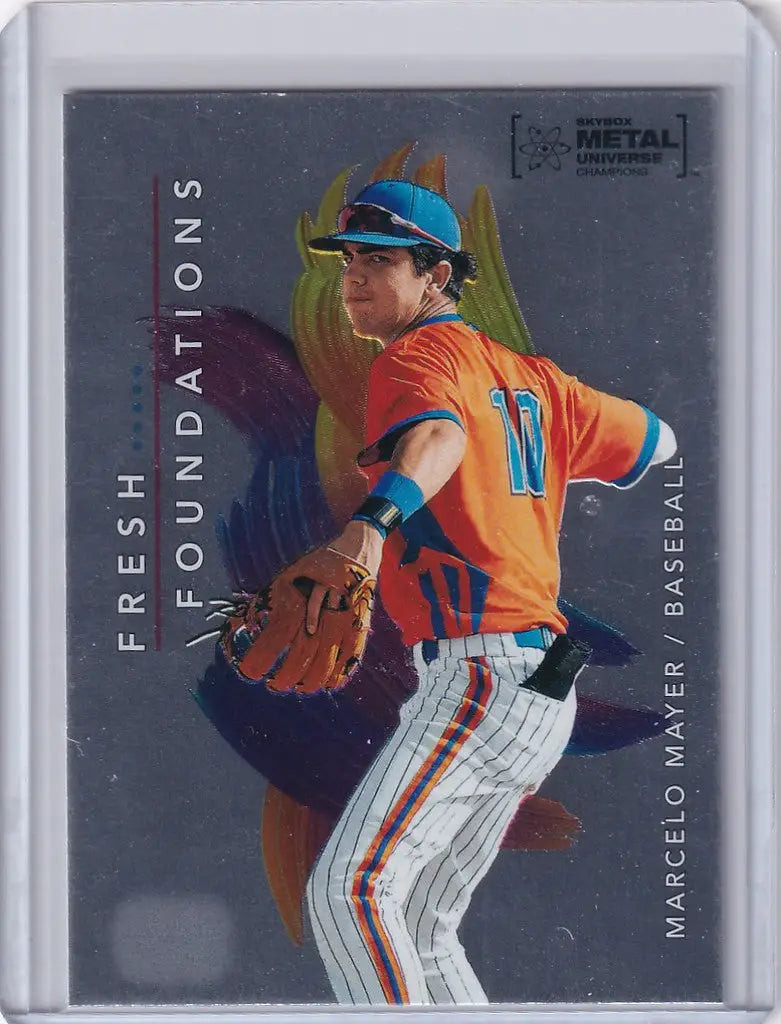 Baseball trading card of pitcher in orange jersey from Skybox Metal Universe Champions