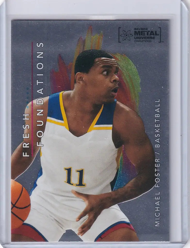 Basketball trading card of Michael Foster in white jersey, Skybox Metal Universe Champions