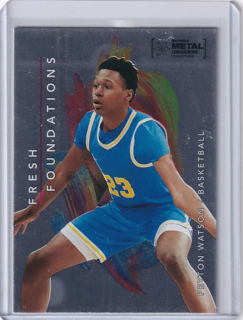 Basketball trading card of Peyton Watson in blue and yellow uniform from Skybox Metal Universe Champions