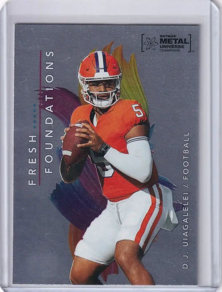 Football player in orange jersey ready to throw for Skybox Metal Universe Champions card