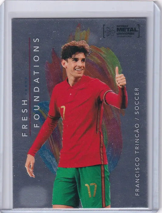 Soccer trading card of Francisco Trincao in red jersey from Skybox Metal Universe Champions