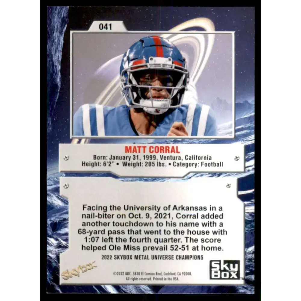 2022 Skybox Metal Universe Champions NM-MT #41 Matt Corral Football Card - Football Card Single