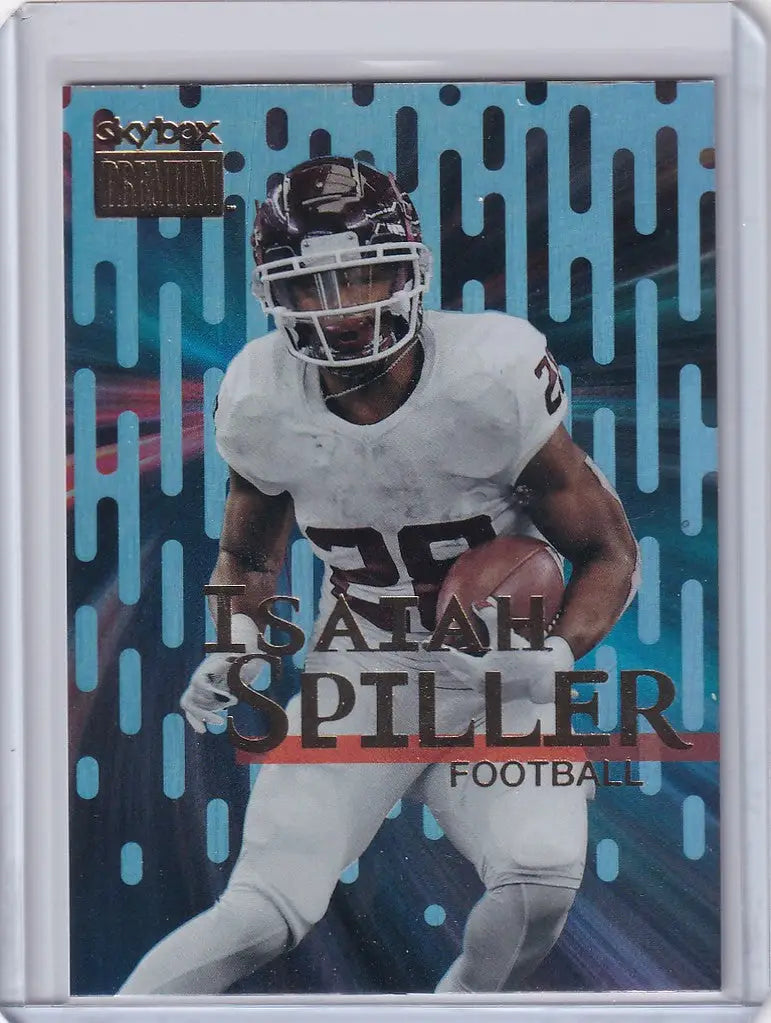 Football trading card of Isaiah Spiller in white uniform, Skybox Metal Universe Champions
