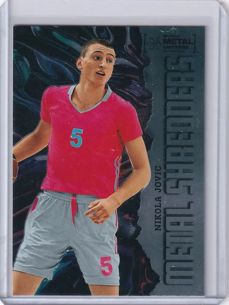 Basketball trading card of Nikola Jovic in pink jersey from Skybox Metal Universe Champions