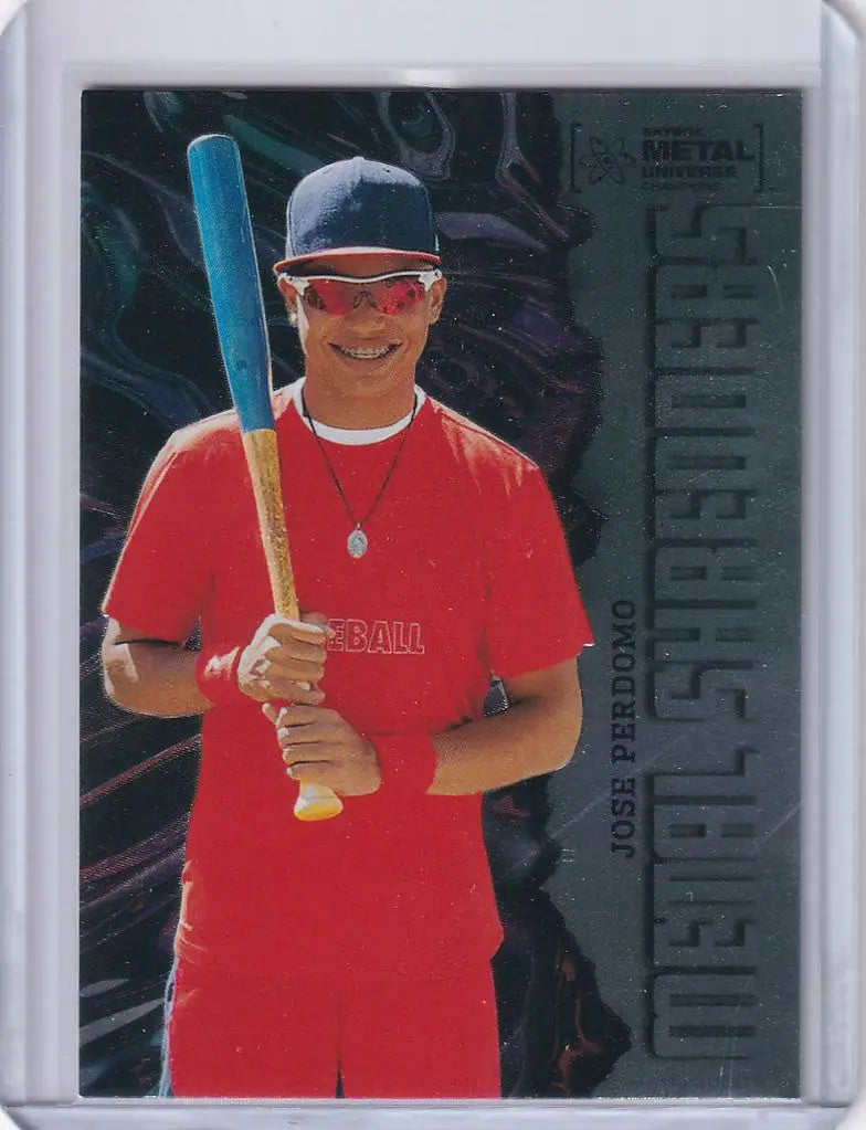Baseball player in red shirt with blue bat from Skybox Metal Universe Champions Metal Shredders