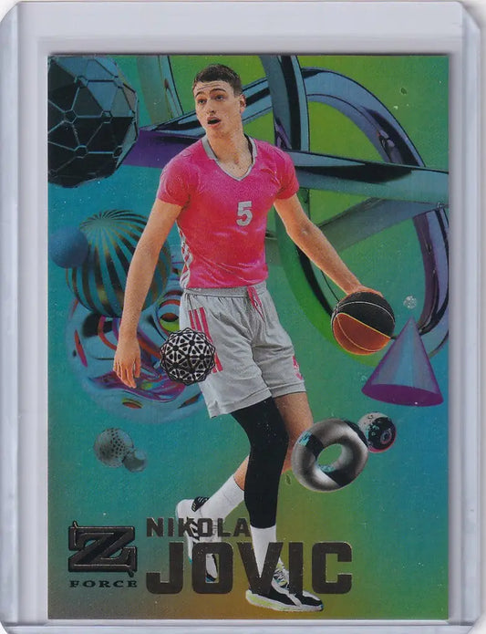 Basketball trading card of Nikola Jovic in pink jersey from Skybox Metal Universe