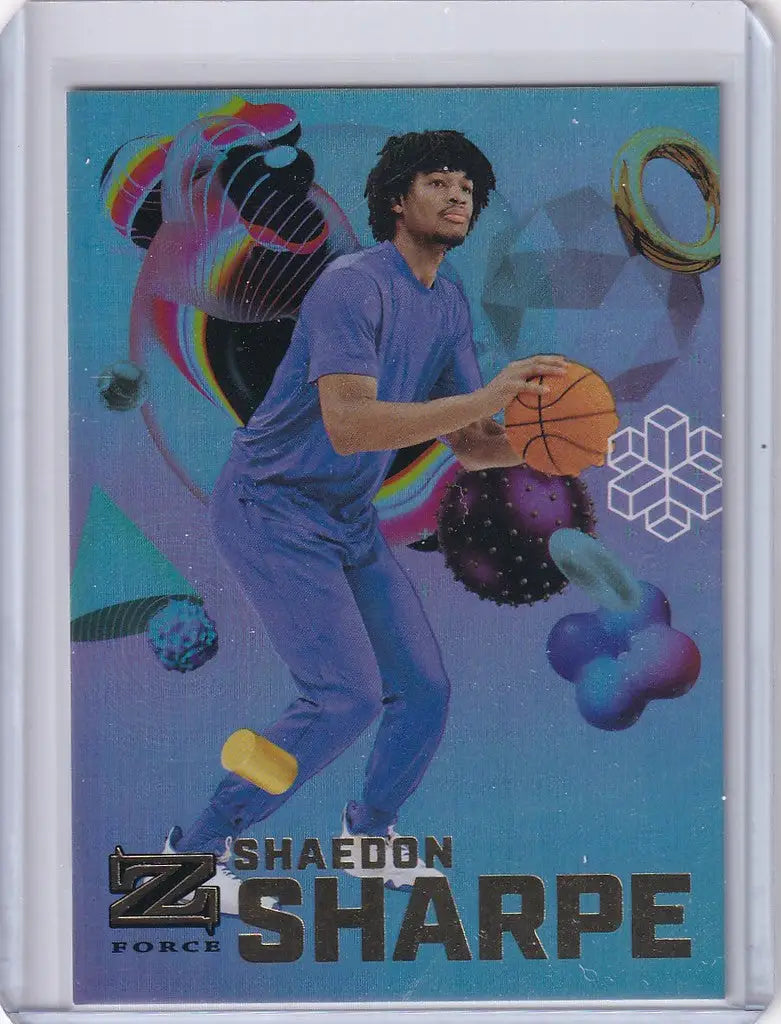 Basketball trading card of Shaedon Sharpe in purple uniform from Skybox Metal Universe