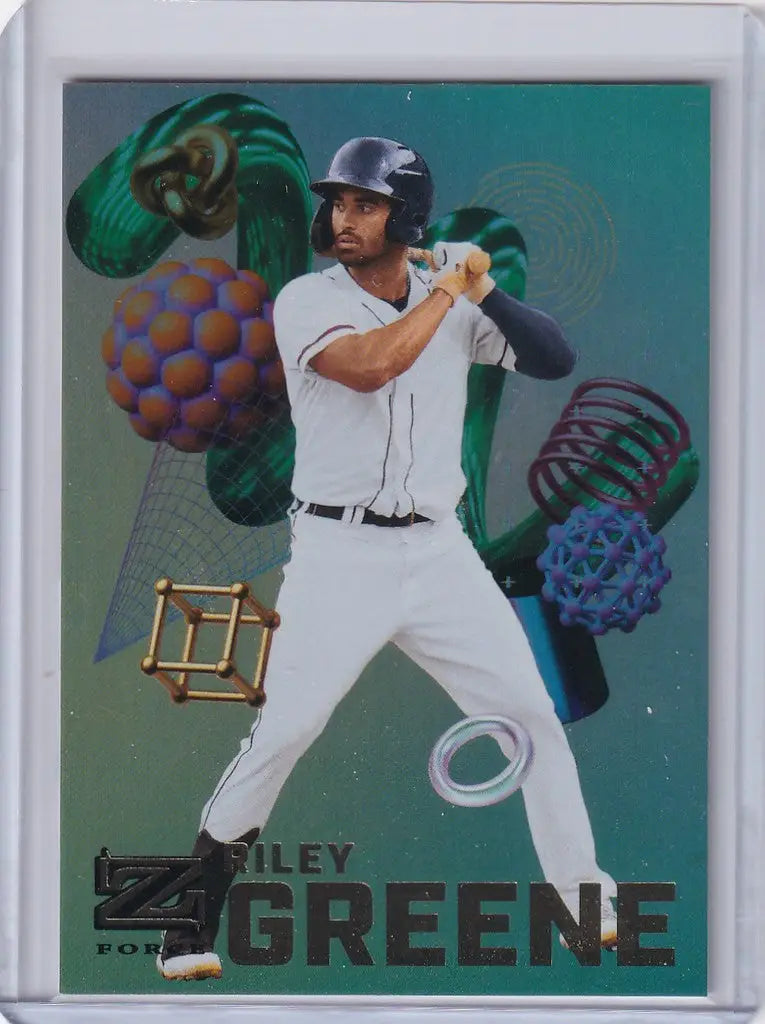 Baseball trading card of Riley Greene in white uniform from Skybox Metal Universe Champions
