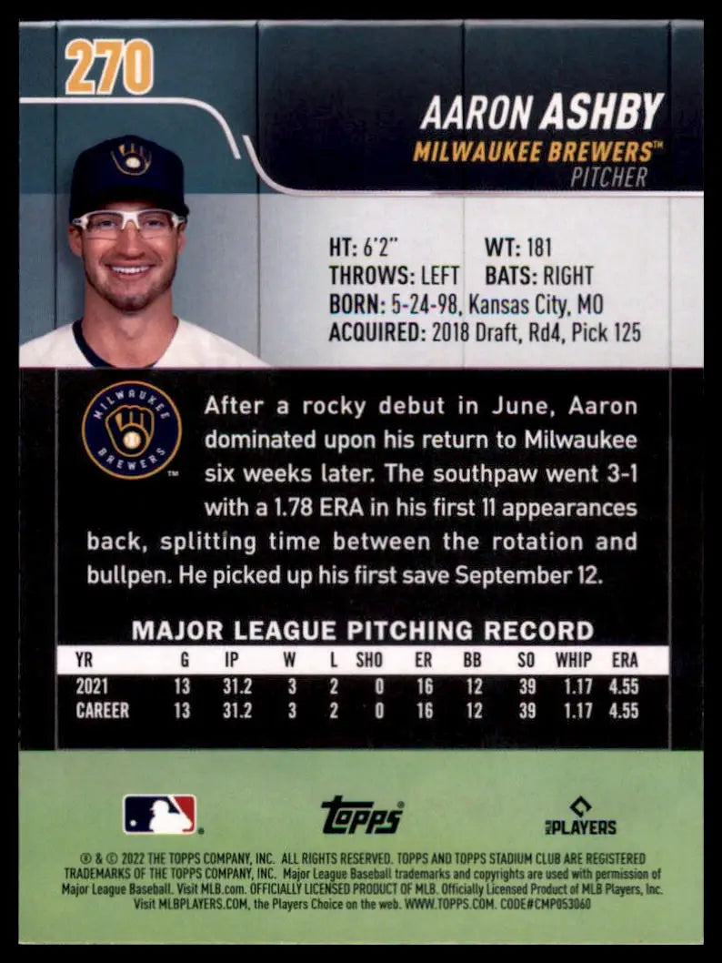 2022 Stadium Club Aaron Ashby RC 270 Milwaukee Brewers Baseball NM - Baseball Card Single