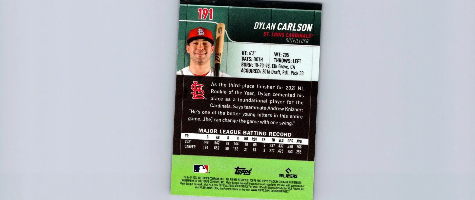Dylan Carlson 2022 Stadium Club Chrome #191 X-Fractor baseball card display