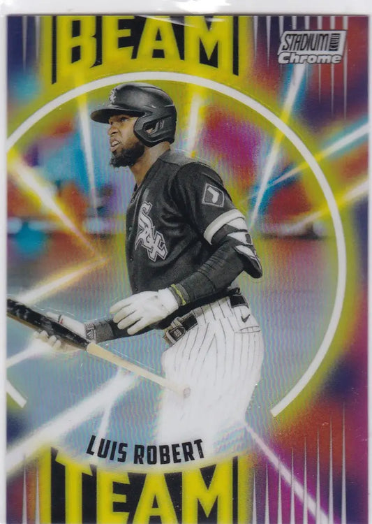 Baseball trading card of Luis Robert Beam from 2022 Stadium Club Chrome featuring holographic effects