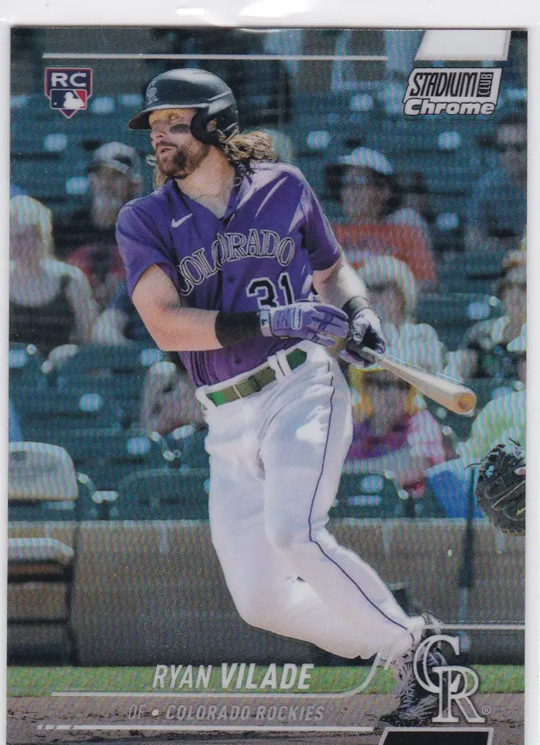Baseball card of Ryan Vilade in purple jersey, Stadium Club Chrome Refractor #38