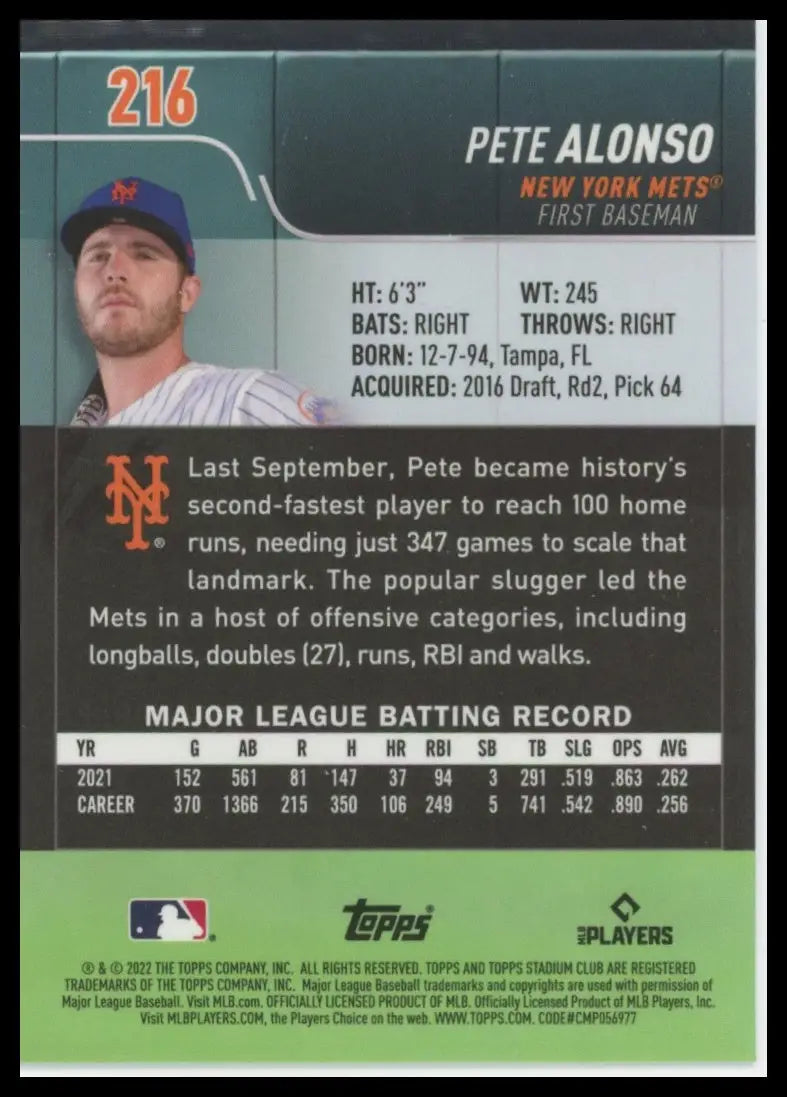 2022 Stadium Club Chrome - X-Fractor Pete Alonso 216 New York Mets Baseball NM - Baseball Card Single
