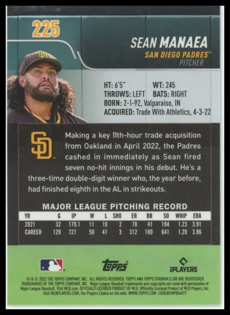 2022 Stadium Club Chrome X-Fractor Sean Manaea 225 San Diego Padres Baseball NM - Baseball Card Single