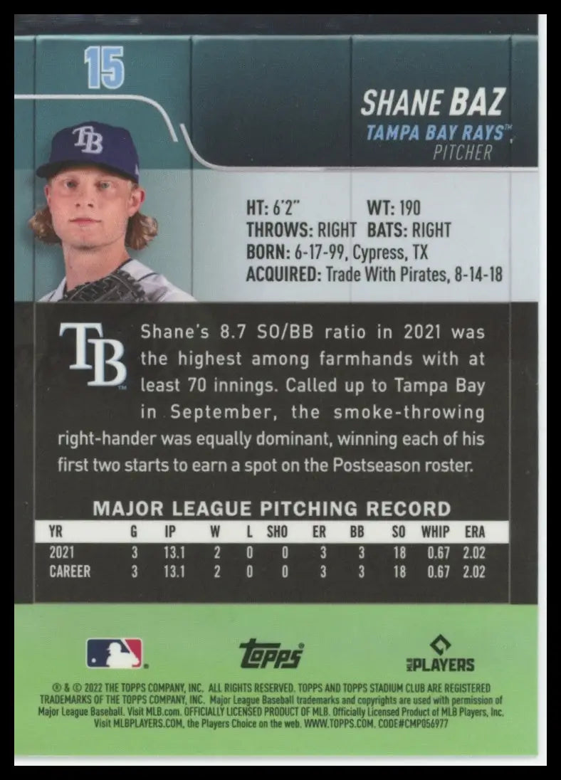 2022 Stadium Club Chrome - X-Fractor Shane Baz 15 Tampa Bay Rays Baseball NM - Baseball Card Single
