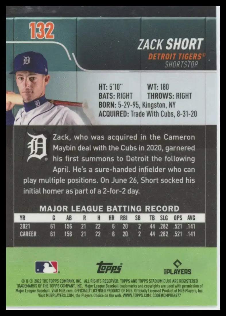 2022 Stadium Club Chrome Zack Short RC 132 Detroit Tigers Baseball NM - Baseball Card Single
