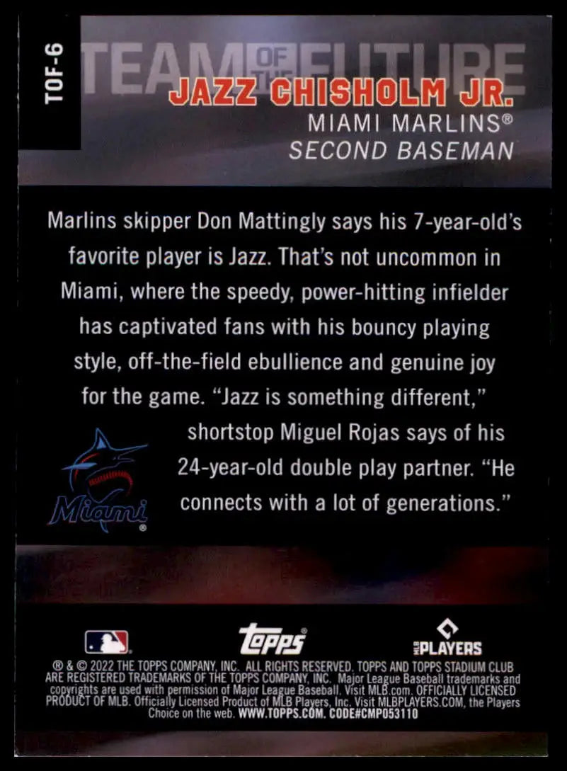 2022 Stadium Club - Team of the Future Jazz Chisholm Jr. TOF-6 Miami Marlins NM - Baseball Card Single