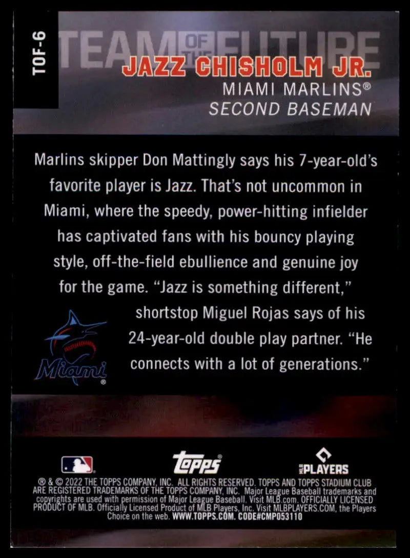 2022 Stadium Club - Team of the Future Jazz Chisholm Jr. TOF-6 Miami Marlins NM - Baseball Card Single