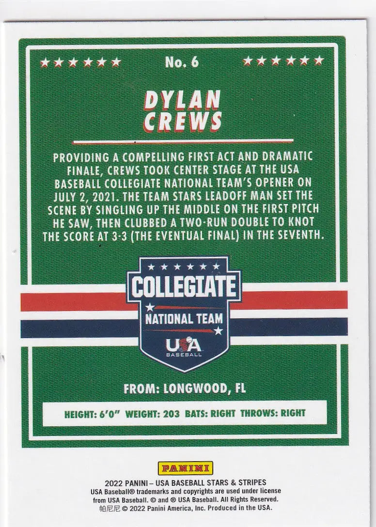 2022 STARS AND STRIPES #6 DYLAN CREWS- USA - Baseball Card Single