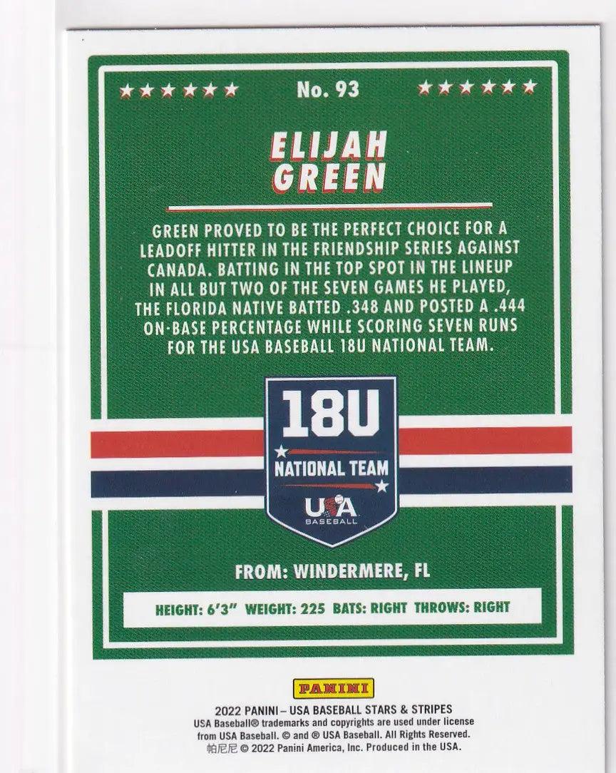 2022 STARS AND STRIPES #93 ELIJAH GREEN- USA - Baseball Card Single