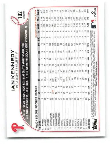 2022 Topps #102 Ian Kennedy NM-MT Phillies ID:40619 - Baseball Card Single