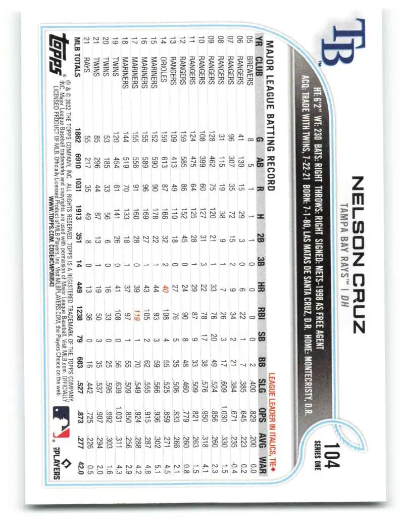 2022 Topps #104 Nelson Cruz NM-MT Rays ID:40943 - Baseball Card Single