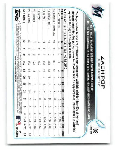 2022 Topps #108 Zach Pop NM-MT RC Rookie Marlins ID:40626 - Baseball Card Single