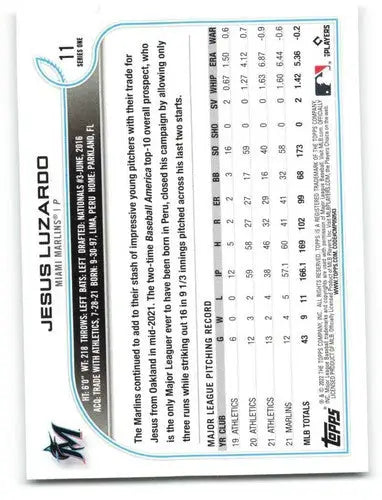 Original gloss 2022 Topps Jesus Luzardo baseball card Marlins sports cards NM-MT