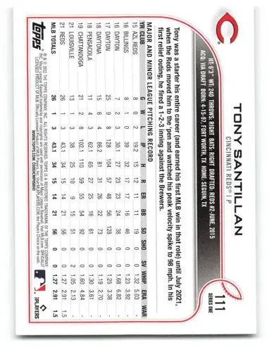 2022 Topps Tony Santillan baseball card featuring original gloss, Reds rookie sports cards