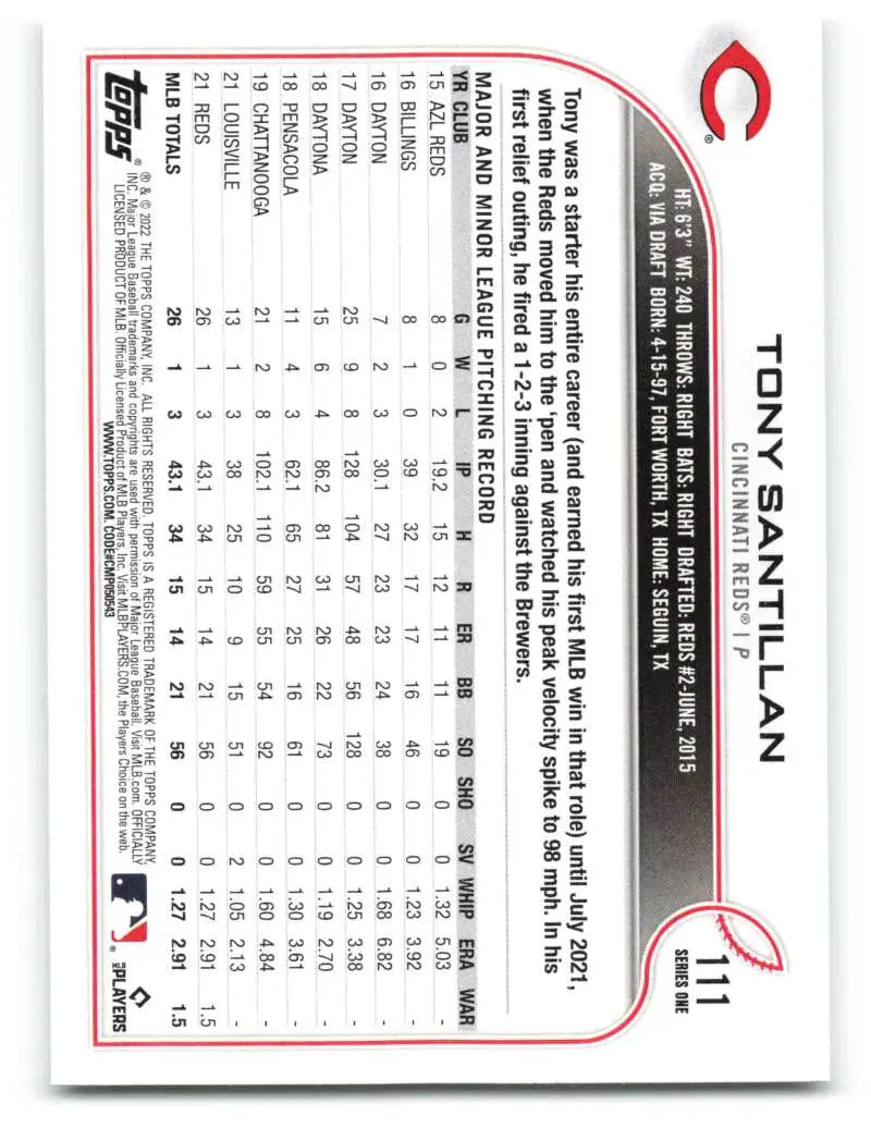 2022 Topps #111 Tony Santillan NM-MT RC Rookie Reds ID:40945 - Baseball Card Single