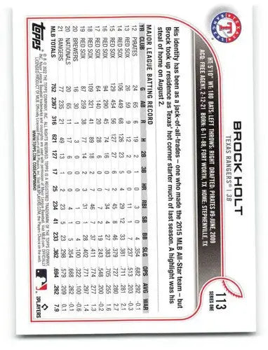 Official 2022 Topps Brock Holt baseball card with original gloss and Rangers ID