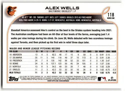 2022 Topps #118 Alex Wells EX/NM RC Rookie Orioles ID:42117 - Baseball Card Single