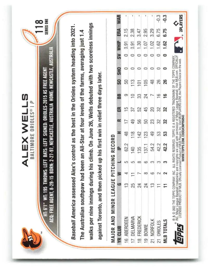 2022 Topps #118 Alex Wells NM-MT RC Rookie Orioles ID:40949 - Baseball Card Single
