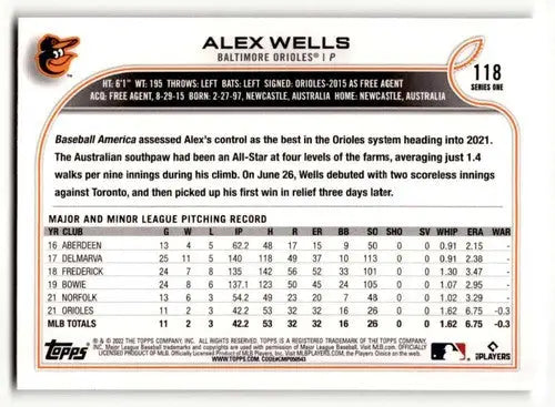 2022 Topps #118 Alex Wells RC NrMt-Mt ID:47229 - Baseball Card Single