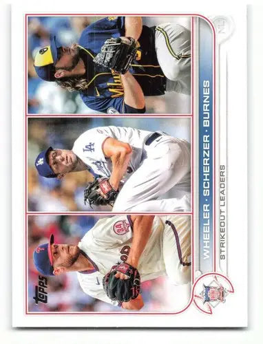 Original gloss baseball card featuring three pitchers from 2022 Topps #127 Wheeler Scherzer Burnes NM MT