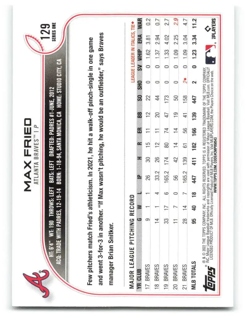 2022 Topps #129 Max Fried NM-MT Braves ID:40954 - Baseball Card Single